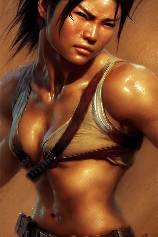 Image similar to muscular sweat chinese lara croft, exhausted face close up, highly detailed painting by gaston bussiere, craig mullins, j. c. leyendecker 8 k