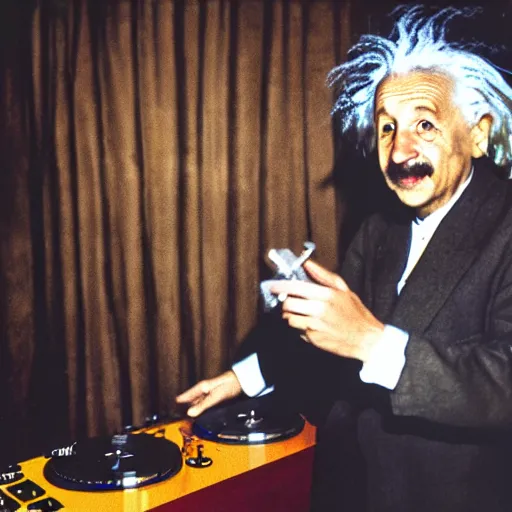 Image similar to color photograph of Albert Einstein DJ at a nightclub, in color, color photograph, colors