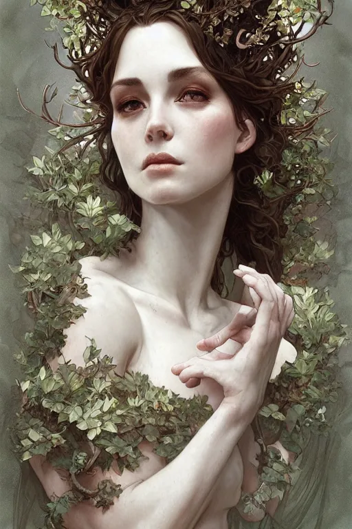 Prompt: A full portrait of an ancient noridc dryad, intricate, elegant, highly detailed, digital painting, artstation, concept art, smooth, sharp focus, illustration, art by Krenz Cushart and Artem Demura and alphonse mucha