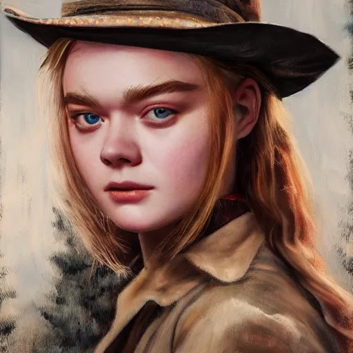 Image similar to ultra realistic portrait painting of elle fanning as a western outlaw, art by erick arciniega, 4 k, ultra realistic, highly detailed, epic lighting