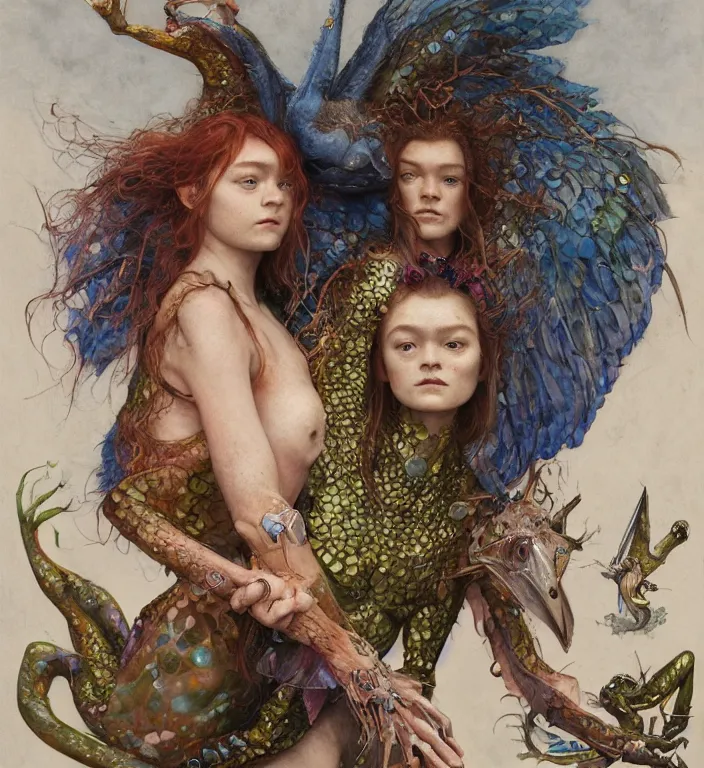 Image similar to a portrait photograph of a meditating fierce sadie sink as a colorful harpy super hero with scaled skin. she is trying on skin grafts and transforming into a slick amphibian. by tom bagshaw, donato giancola, hans holbein, walton ford, gaston bussiere, peter mohrbacher and brian froud. 8 k, cgsociety