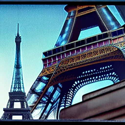 Image similar to A beautiful intricate 8K award-winning ground-level cinematic movie photograph of the future destroyed and decaying Eiffel Tower made of neon, surrounded by broken corporate video billboard displays. in the year 2050, by Bruno Delbonnel and greg rutkowski. Arri Alexa 65, IMAX 70mm footage. Dirty billboards. Cinematic lighting