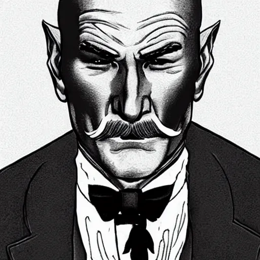 Prompt: older fantasy butler that looks similar to michael kane and patrick stewart, full body portrait, handsome, well groomed mustache, detailed, magic the gathering art style, balding, well dressed, pet rat on shoulder