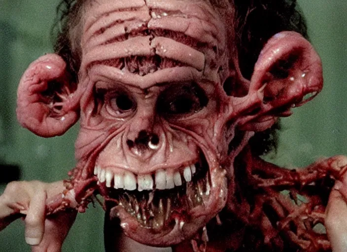 Prompt: disturbing 1 9 8 0 photography of a teratoma with crooked teeth horror film practical fx directed by david cronenberg and ridley scott