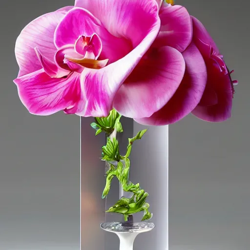 Image similar to genetically modified blend of rose lily carnation orchid ranunculus anenome, floral arrangement in futuristic!! vase made of mother of pearl, architectural digest, year 2 3 0 0