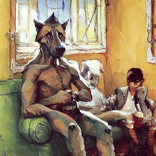 Image similar to a humanoid german shepherd beast - man, sitting and watching a soccer match in his house on television, he has hurt his knee and is a dad, by erin hanson, alexi zaitsev, karl spitzweg, award winning, tv set