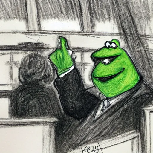 Prompt: courtroom sketch of grover on trial for murdering kermit