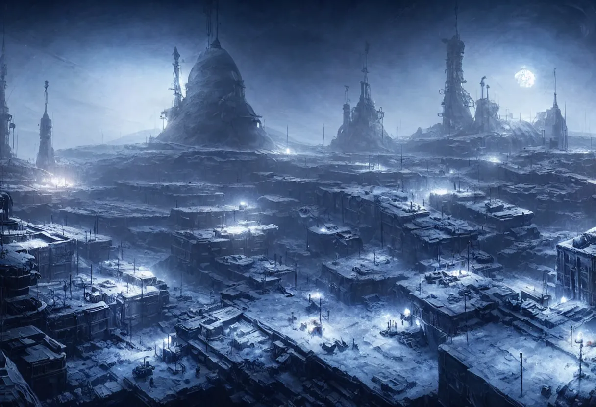 Image similar to frostpunk style concept art of russian city on the moon, matte painting, beautiful render, octane render, concept art