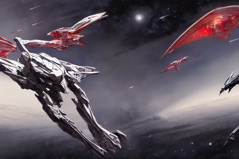 Prompt: gnostic space nebula framing a pteranodon mecha interceptor, small against the backdrop of space, white john berkey armor panels, wine-red and grey trim, robotech styling, with white Kanji markings outlined in black, boeing concept art painting, cinematic lighting, amazing lifelike cinematic photo render