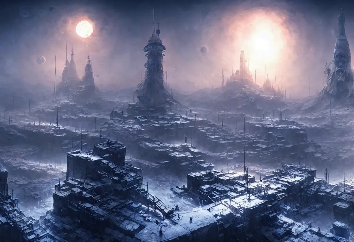 Image similar to frostpunk style concept art of russian city on the moon, matte painting, beautiful render, octane render, concept art