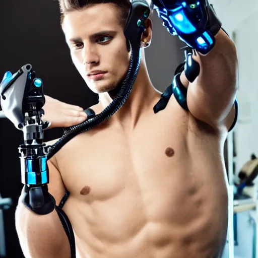 Image similar to a handsome hunky young rebellious man with some subtle cybernetic enhancements, working out