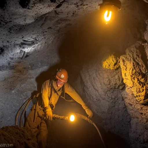 Prompt: a miner in the depths of a mineshaft mining a giant crystalline ore, the mineshaft is lit by hanging lanterns, the mine is dark, highly detailed, extremely high quality, hd, 4 k, 8 k, professional photographer, 4 0 mp, lifelike, top - rated, award winning, realistic, detailed lighting, detailed shadows, sharp, no blur, edited