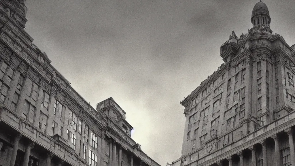 Image similar to the roof of city hall opens up, film still from the movie directed by christopher nolan and david cronenberg with art direction by zdzisław beksinski and dr. seuss