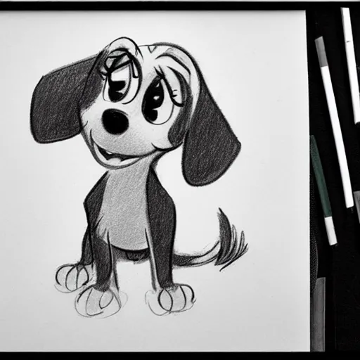 Image similar to milt kahl pencil sketch of happy mini schnauzer cartoon lady and the tramp style