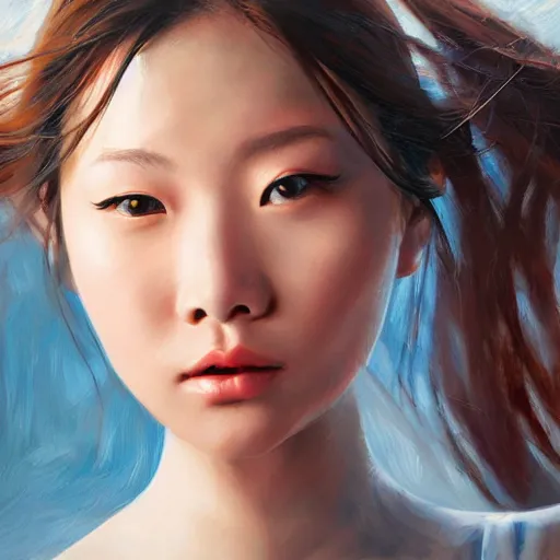 Image similar to perfect, realistic oil painting of close-up japanese girl face, in Marvel and DC style, by an American professional senior artist, Hollywood concept, dynamic composition and motion, postproduction.