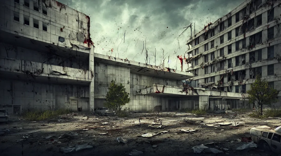 Image similar to post apocalyptic hospital building, survivors fighting, morning, building, avenue, modern contemporary urban americana concrete architecture, by pascal blanche, neil blevins, apocalyptic color palette, trending on artstation, photorealistic, wilderness ambiance, ultra detailed, high definition, depth of field, bokeh, rubble, wild vegetation, blood stains, building crumbling