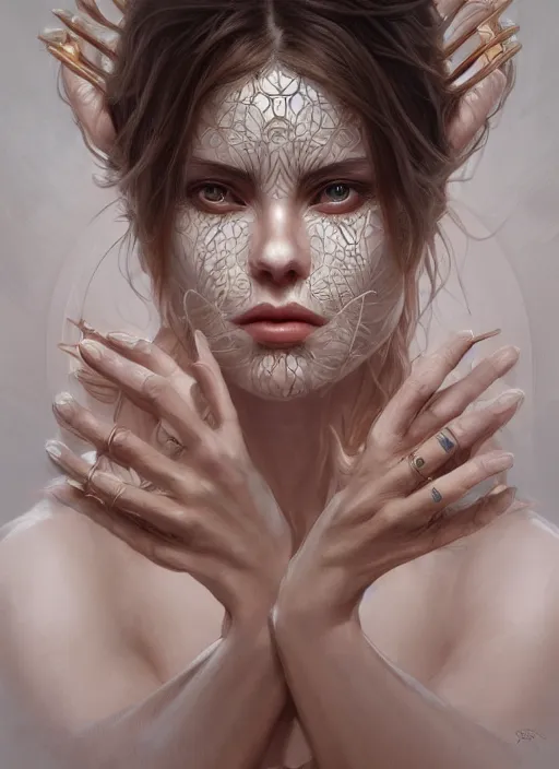 Image similar to symmetry!! hands, machine parts embedded into face, intricate, elegant, highly detailed, digital painting, artstation, concept art, smooth, sharp focus, illustration, art by artgerm and greg rutkowski and alphonse mucha, 8 k