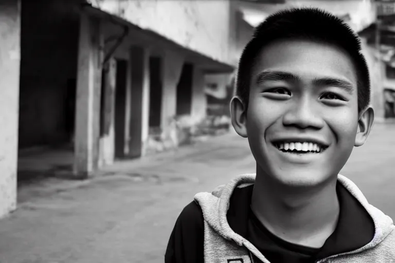 Image similar to still photo of a filipino teenange boy smiling at the camera on the street, black and white color aesthetic, highly detailed, photorealistic portrait, bright studio setting, studio lighting, crisp quality and light reflections, unreal engine 5 quality render