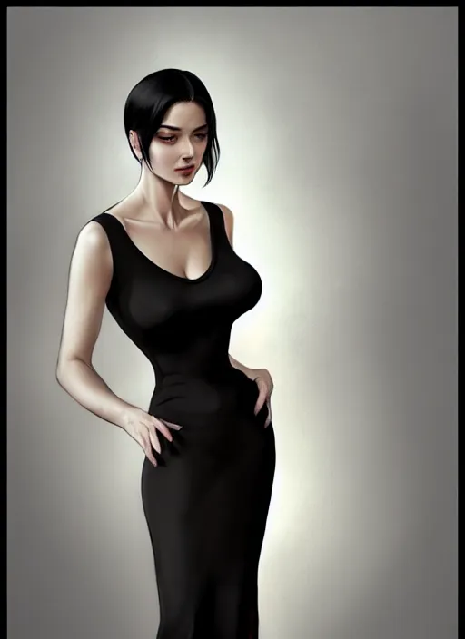 Prompt: photo of a gorgeous young woman in the style of stefan kostic, black hair, black dress, full body realistic, sharp focus, 8k high definition, insanely detailed, intricate, elegant, art by stanley lau and artgerm