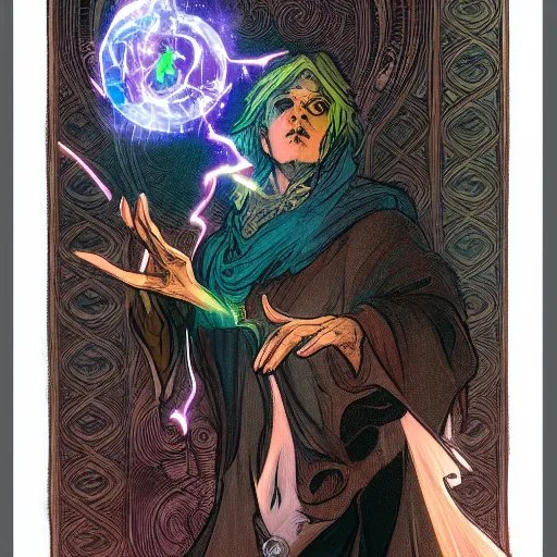 Prompt: a warlock is casting a magic spell while with magic orb floating in his hand , dynamic pose, chromatic aberration , medium level shot, Mucha style , Grim fantasy, illustration ,concept art, Mucha style,