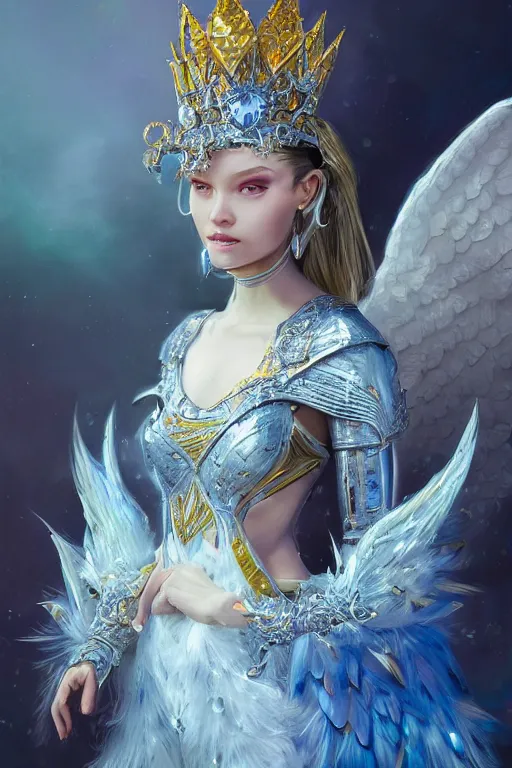 Image similar to beautiful princess wearing crystal white feathers, king sorcerers, ornate, blue and silver, armor, robes, diamonds, angel, fantasy, yellow background beam, dramatic lighting, highly detailed, digital painting, magic the gathering, 3 d render, hyper realistic detailed portrait, peter mohrbacher, wlop, ruan jia