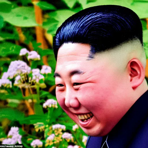 Image similar to colour araki nobuyoshi style close - up photography of detailed north korean kim chen with detailed smiling face, smelling detailed weed bush