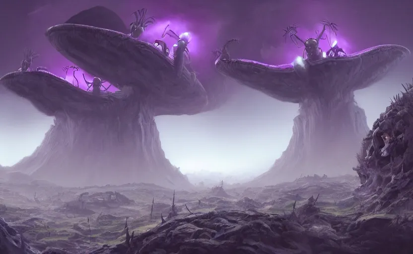 Image similar to matte painting of ant aliens, trending in artstation, purple color lighting