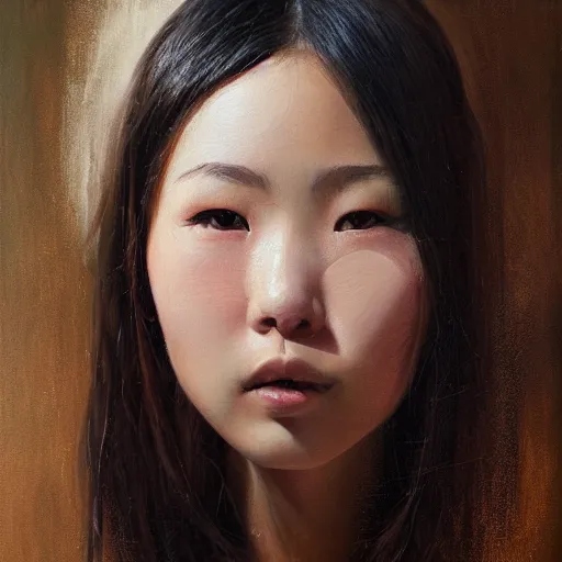 Image similar to perfect, realistic oil painting of close-up japanese girl face, by Sakimichan, by an American professional senior artist, Hollywood concept, dynamic composition and motion, postproduction.