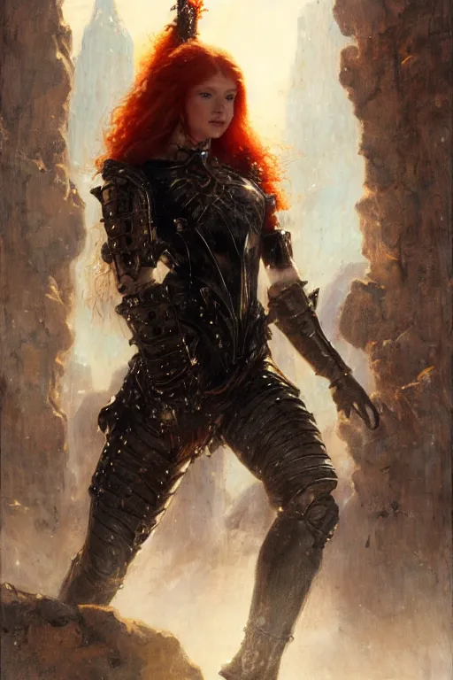 Prompt: muscular redhead young woman wearing black medieval armour, detailed, by gaston bussiere, bayard wu, greg rutkowski, giger, maxim verehin, greg rutkowski, masterpiece, sharp focus, cinematic lightning