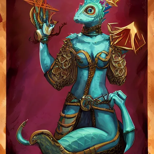 Prompt: a lizard priestess, D&D, splash art