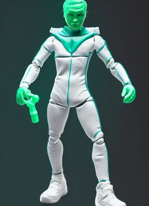 Prompt: accurate detailed pvc inflatable green & teal colored action figure god, full body, futuristic, concept art, character only, detailed art, adidas streetwear, figurine!!!, studio lighting, grey background, no shadow, trending on artstation, 4 k, sharp, highly - detailed, focus on face!!!