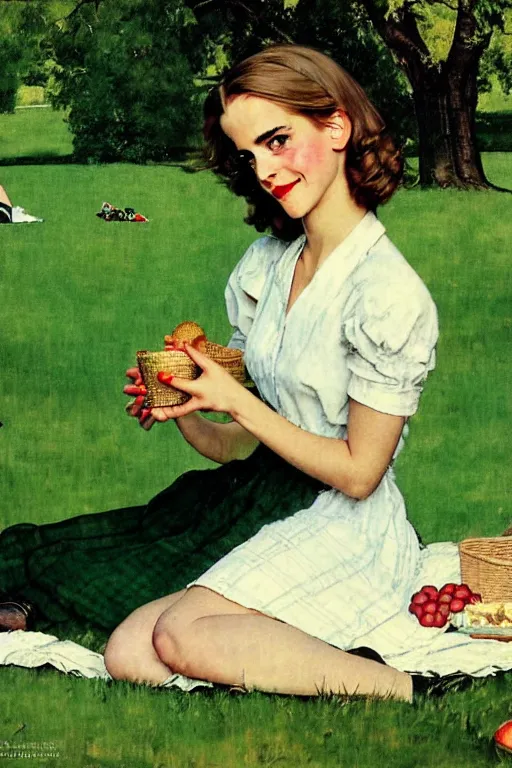 Image similar to photo photorealistic portrait photograph Emma Watson picnic in the green lawn 1950s portrait by Norman Rockwell