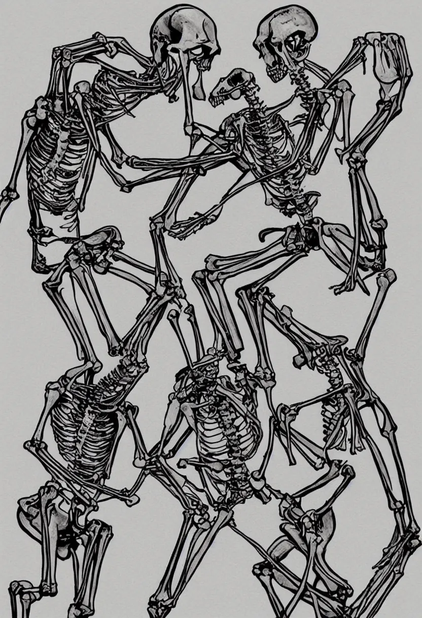 Image similar to human and kangaroo skeletons fighting, t-shirt design