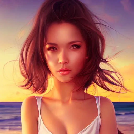 Prompt: portrait of beautiful woman on the beach, brown eyes, sunset, highly detailed, by wlop, rossdraws, artgerm.