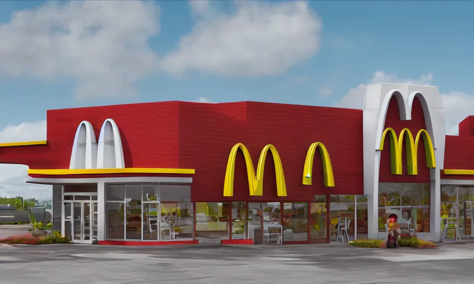 Image similar to exterior shot of a mcdonalds, abstract architecture, archviz, render, highly detailed, 4 k, surrealistic, ultra realism