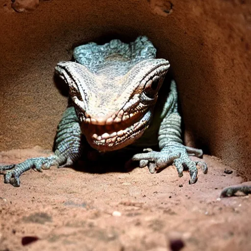 Image similar to lizard indiana jones exploring an underground crypt