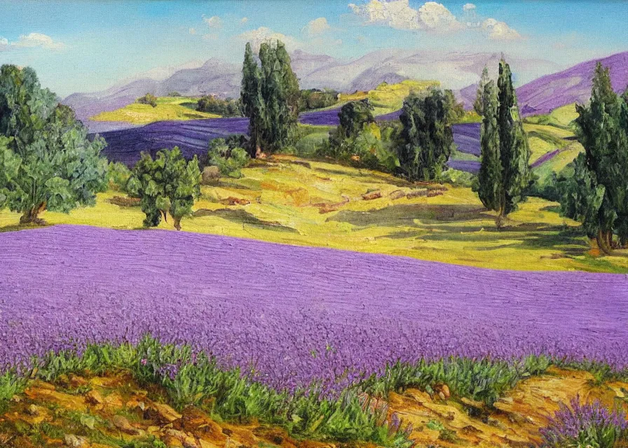 Image similar to lavander field in italian landscape, oil painting