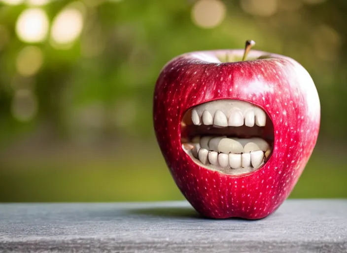 Image similar to photo still of an apple with human teeth, 8 k, studio lighting bright ambient lighting key light, 8 5 mm f 1. 8