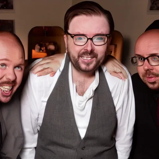 Prompt: thin Ricky Gervais, fat Stephen Merchant and short Karl Pilkington