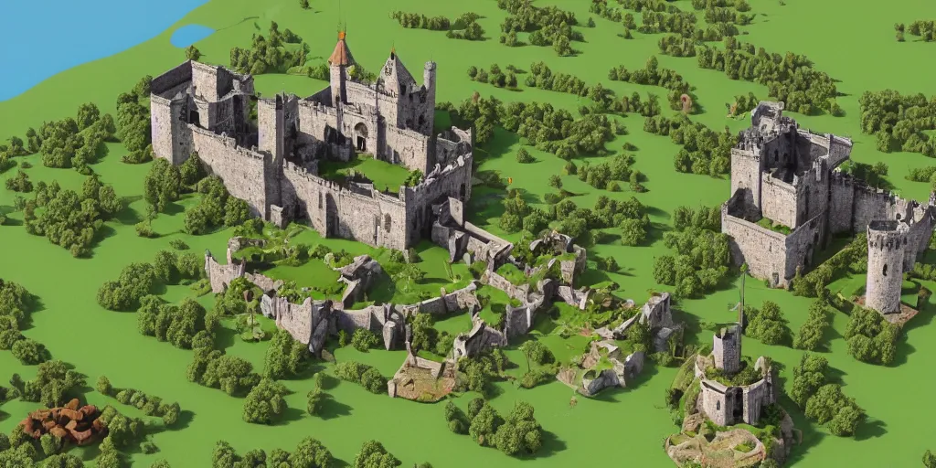 Image similar to medieval castle in a jungle with towers and moat, 3 d, isometric, polygon