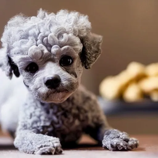 Prompt: a cute frail grey hairless toy poodle with one white eye eats nuggets