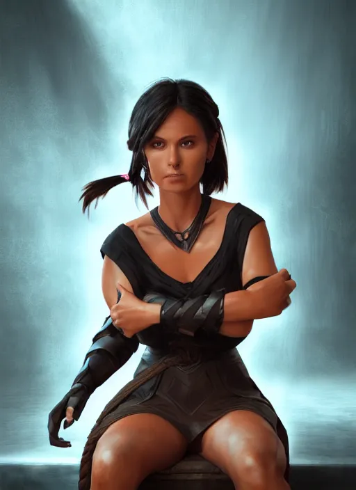 Image similar to An epic fantasy comic book style portrait painting of a tan woman with black hair in a pony tail and serious eyes sitting on a large chair, unreal 5, DAZ, hyperrealistic, octane render, cosplay, RPG portrait, dynamic lighting