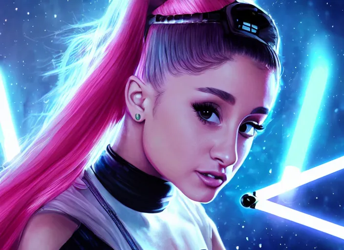 Image similar to An extremely detailed photo of Ariana Grande in the Star Wars universe witha pink lightsaber held in one hand Maximum detail on artstation, photo realism, vivd details, vivd colour, volumetric lighting. anime art style