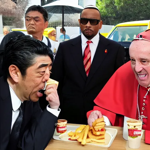 Prompt: big smoke from gta san andreas eating out at a mc donald's with pope francis and shinzo abe