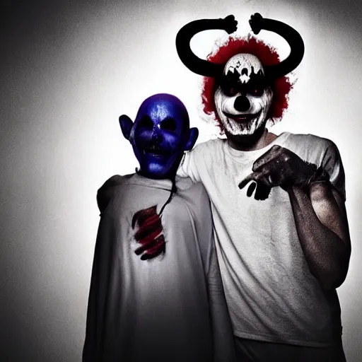 Image similar to A demon holding hands with a scary clown, creepy, dramatic lighting