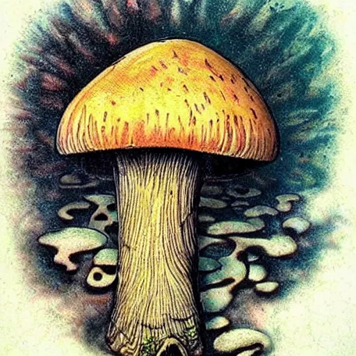 Prompt: mushroom in decay, tattoo art, japanese, color restoration, vortex, highly detailed,