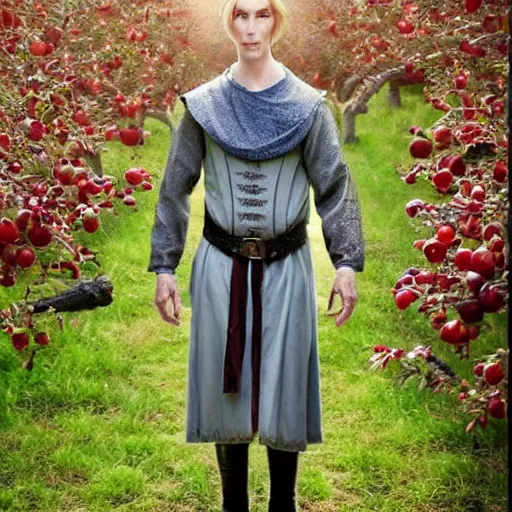 Prompt: realistic portrait of a slender elven man, standing in an apple orchard, dressed in medieval clothes, very handsome, dungeons and dragons