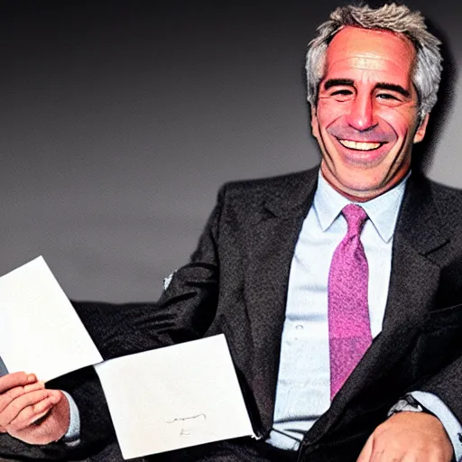 Prompt: Jeffery Epstein laughing with black book, in private jet background, colorful 16k hyper realistic digital art