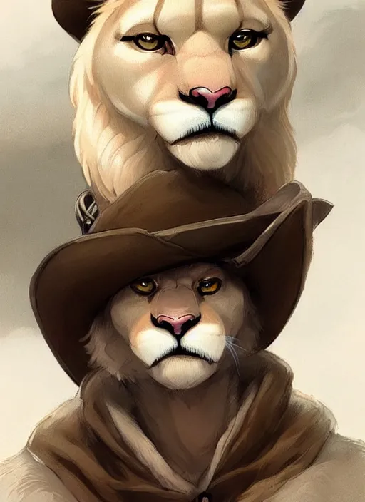 Image similar to beautiful portrait commission of a male furry anthro albino mountain lion wearing miner's clothes in the western frontier. Atmospheric. Character design by charlie bowater, ross tran, artgerm, and makoto shinkai, detailed, inked, western comic book art