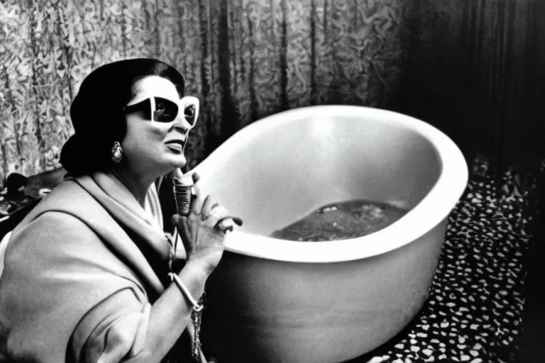 Prompt: Photograph of Umm Kulthum in a bathtub wearing sunglasses and singing by Annie Leibovitz